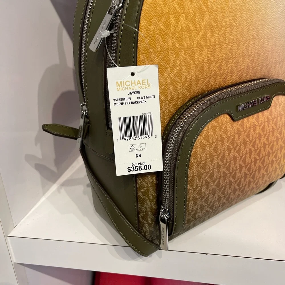 MICHAEL KORS Jaycee Medium Ombré Signature Logo Backpack Olive Combo  NWT